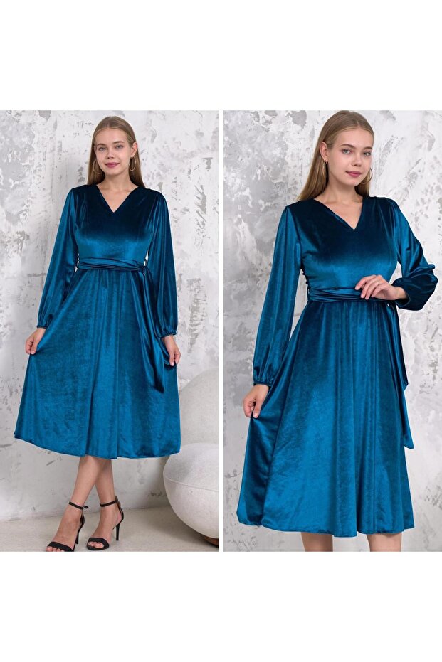 V Yaka Kloş Midi Boy Kadife Elbise - 1