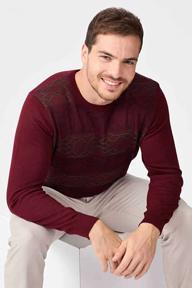Men's Front Patterned Wool Sweater Claret Red