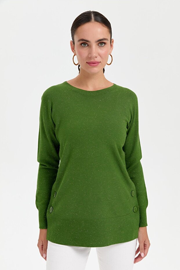 بلوزة لامعة بدون خياطة - رقبة دائرية وأزرار جانبية باللون الأبيض الطحلب - 1