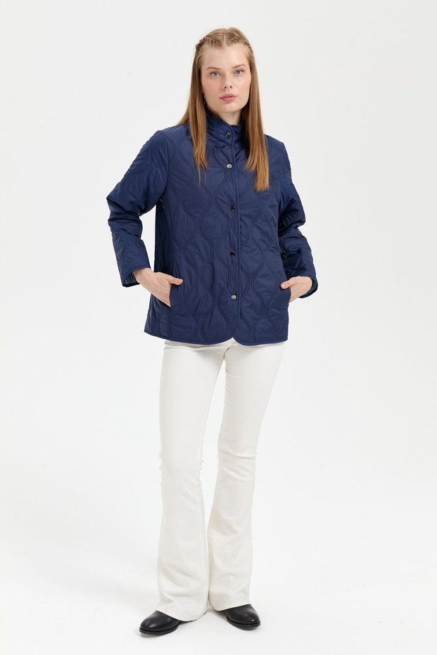 Women's Short Quilted Jacket with Snap Fasteners on the Front and Onion Pattern, Navy Blue