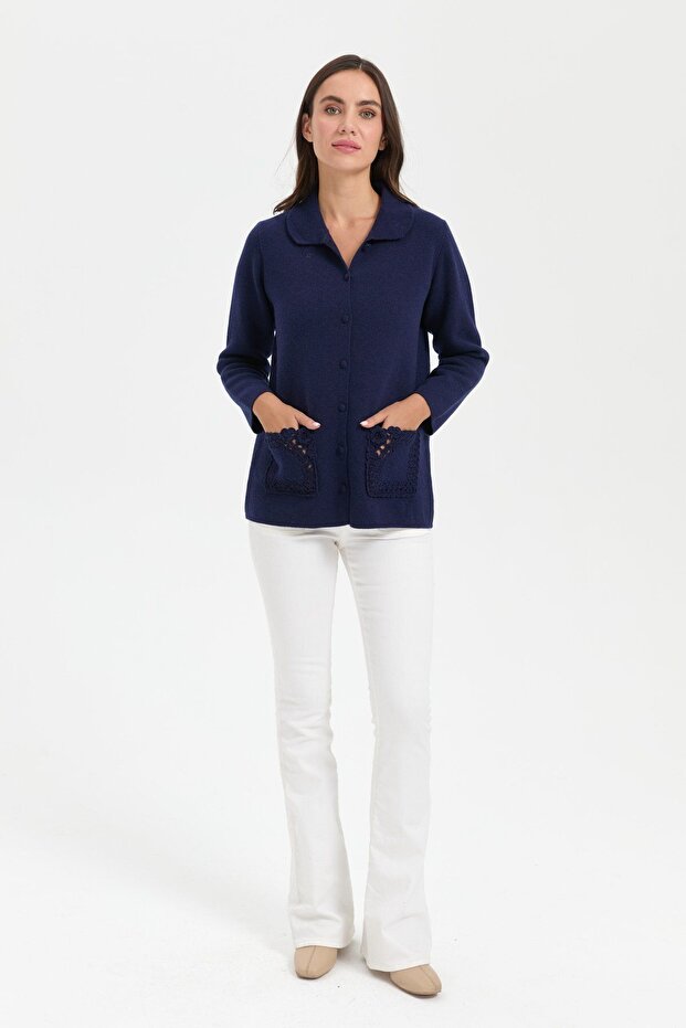 Women's Polo Collar Pocket Rose Embroidered Short Wool Cardigan Y.A Navy Blue