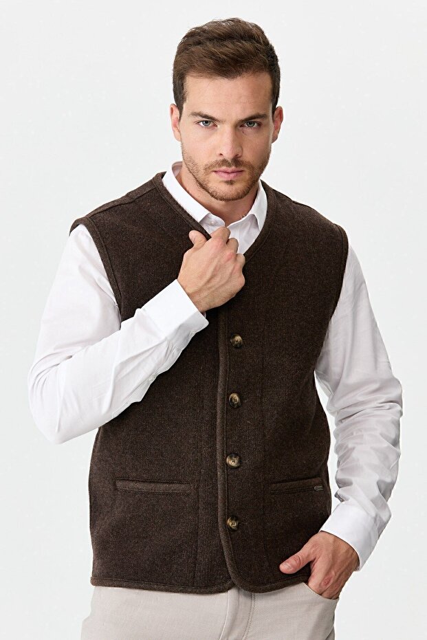 Men's V-Neck Pique Woven Wool Vest with Felt Accessories Dark Brown
