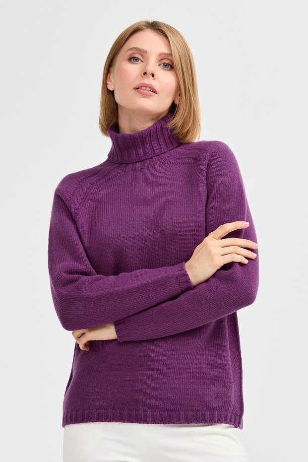 Women's Woolen Sweater with Full Turtleneck and Hair Braided Shoulder Detail - A.purple