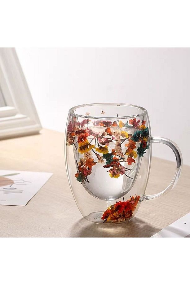 Isıya Dayanıklı Borosilikat Çift Çidarlı Flower Cup Çiçekli Bardak | Çiçekli Kahve Sunum Bardağı - 3