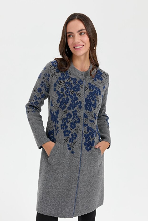 Women's Stand Collar Floral Long Wool Cardigan Smoked