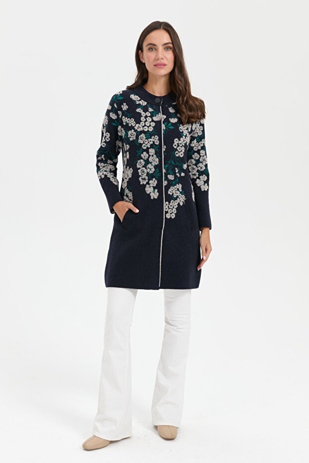Women's High Collar Floral Long Wool Cardigan Dark Blue
