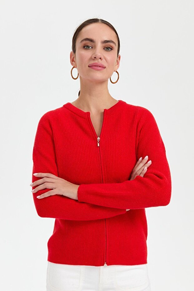Women's Crew Neck Seamless Zippered Wool Cardigan Coral