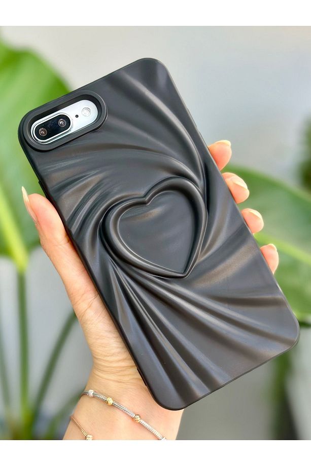 Apple Iphone 7 Plus ve 8 Plus Uyumlu 3D Mat Saten Kalp Kabartma Desenli Silikon Kılıf - 3