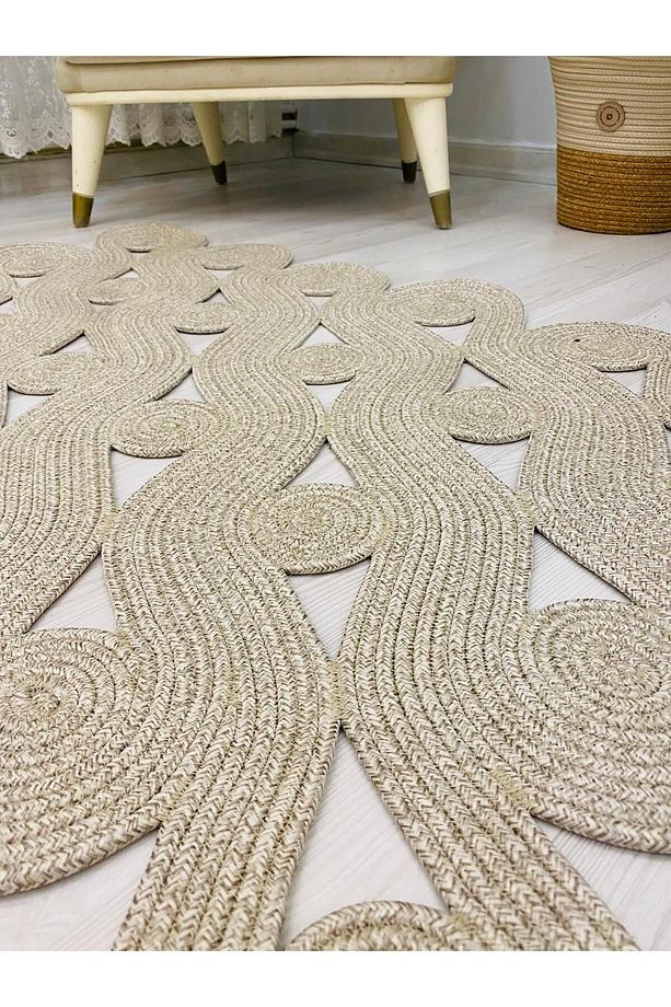 Jüt Hasır görünümlü Desenli Modern El Örgüsü Dikdörtgen Halı Kilim - 4