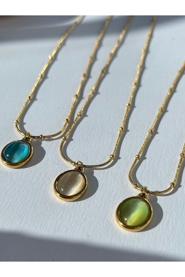 Oval Aqua Taşlı Çelik Kolye - 2