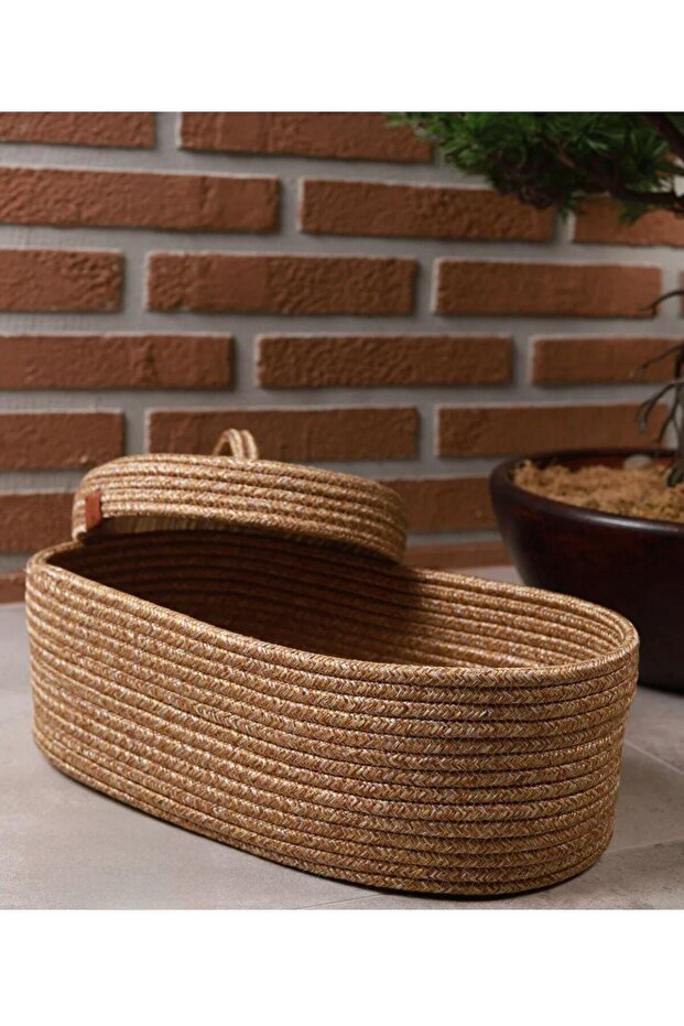 سلة تخزين بيضاوية من الجوت والخوص، بغطاء، مقاس 30×20 سم