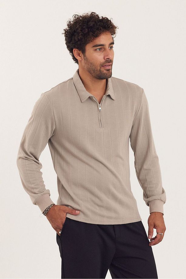 Fermuar Yaka Jakarlı Regular Sweatshirt - 1