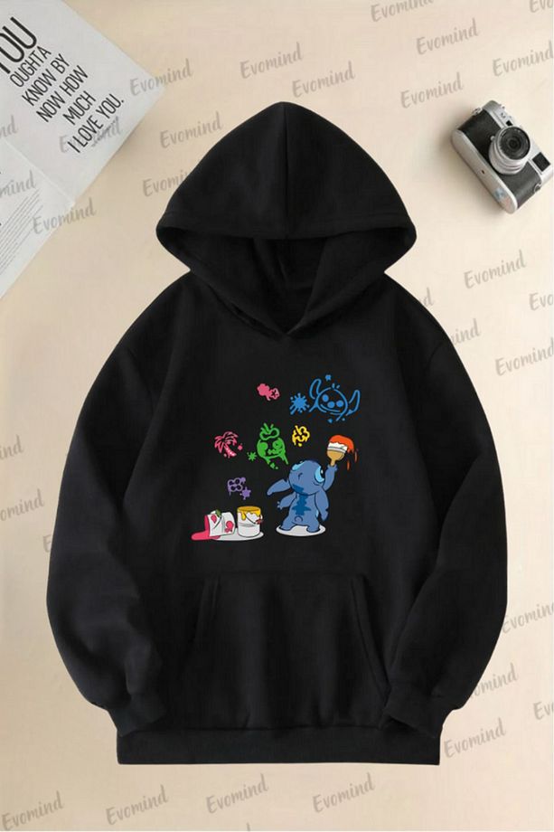 Unisex Stich Baskılı Yetişkin ve Çocuk Kapüşonlu Sweatshirt - 1