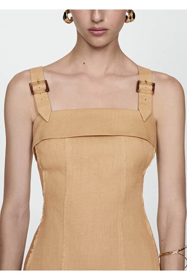 Tokalı Askılı Keten Elbise - 5