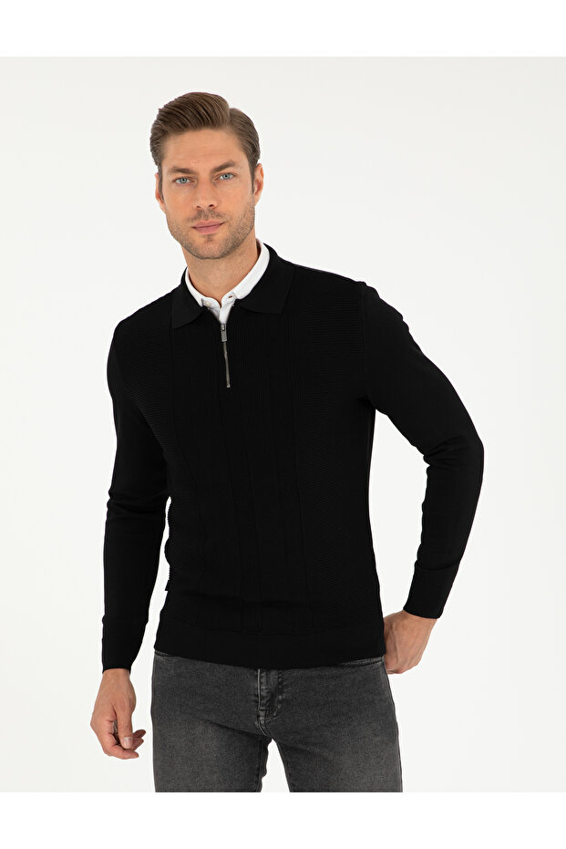 Black Regular Fit Zippered Polo Neck Sweater 50296453-Vr046