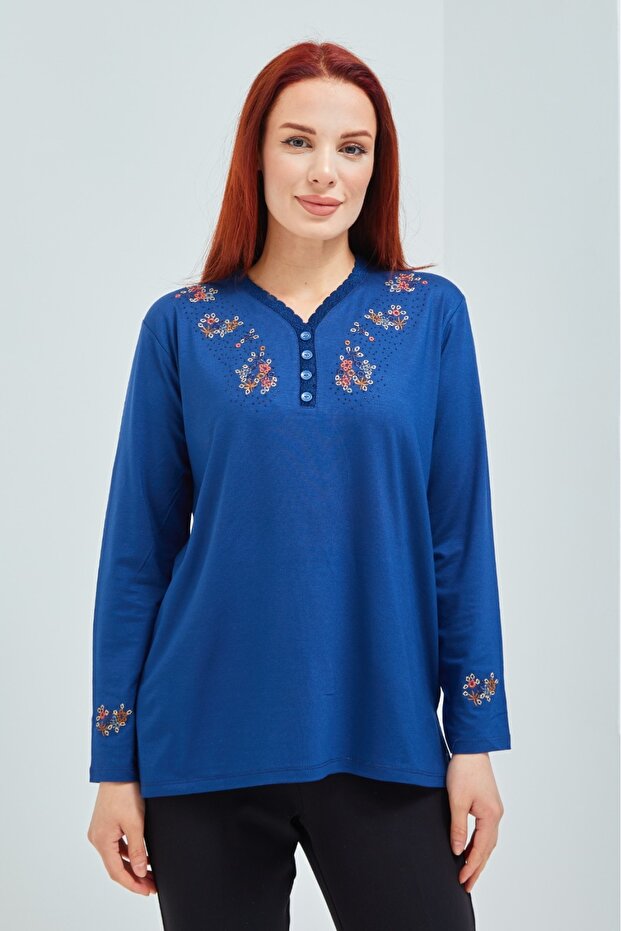 Women's Indigo Blue V-Neck Buttoned Floral Lycra Mother's Combed Cotton Blouse