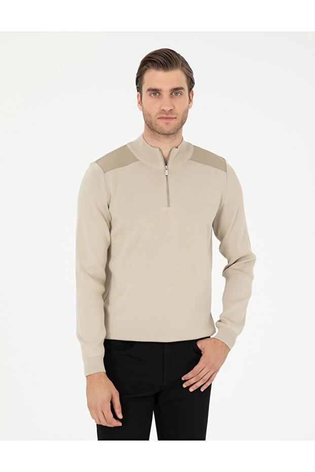 Beige Regular Fit Zippered Stand Collar Sweater 50296417-Vr011