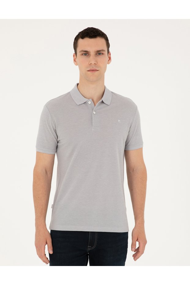 Light Gray Melange Slim Fit 100% Cotton Buttoned Polo Collar T-Shirt 50297406-Vr091