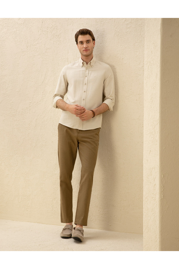 Khaki Carrot Fit Linen Blend Canvas Trousers 50291517-Vr027