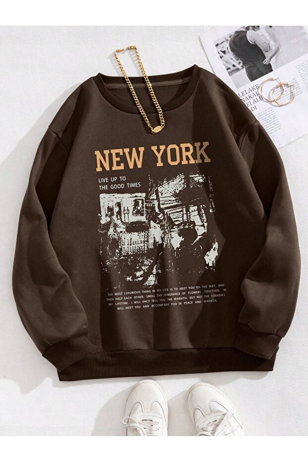 New York Live up Winter Sweatshirt - Brown Printed Oversized Crew Neck