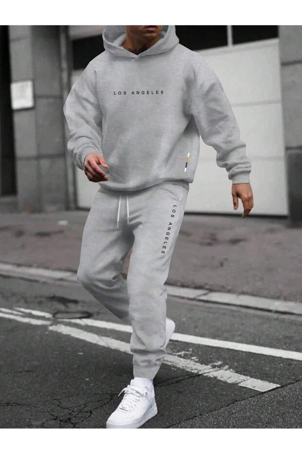 3 Thread Los Angeles Detail Sweatshirt Sweatpants Jogger - Gray Printed Bottom Top Sweatpants Set with Hood