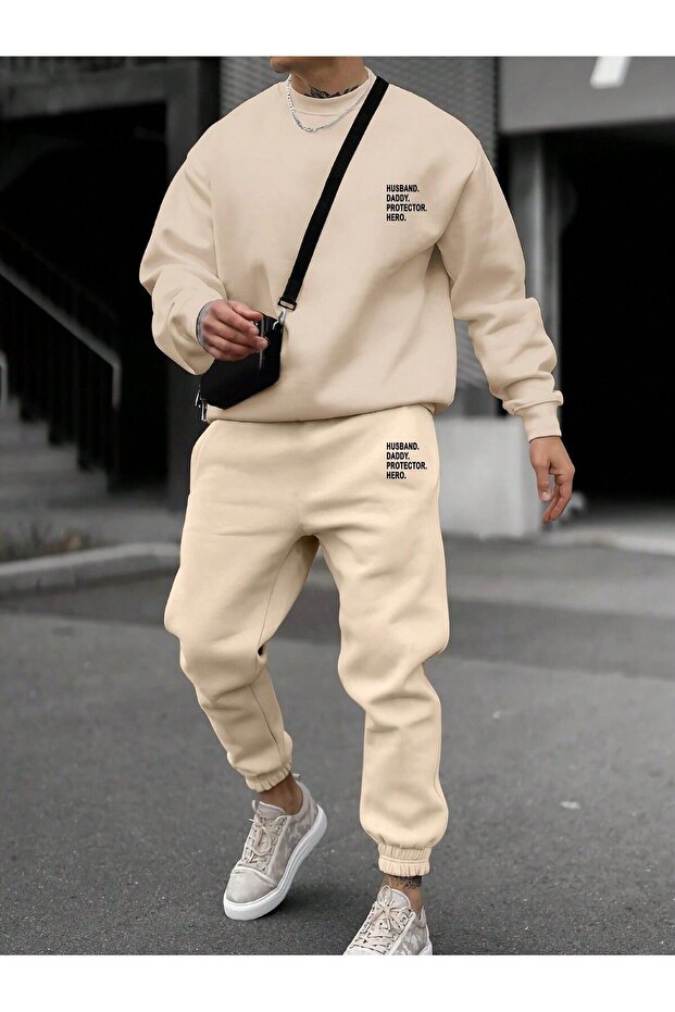 Protector Hero Sweatshirt Jogger - Beige Printed Bottom and Top Tracksuit Set Crew Neck