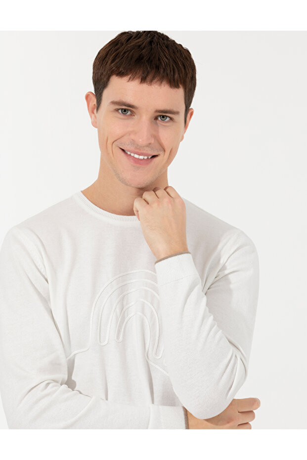 Ecru Regular Fit Crew Neck Knitwear Sweater 50258657-Vr019