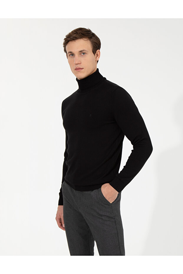 Black Slim Fit Turtleneck Basic Knitwear Sweater 50257158-Vr046