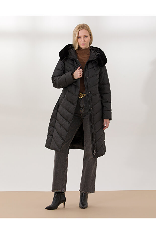 Black Hooded Coat 50257777-Vr046