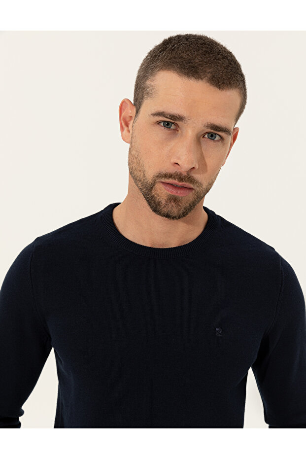 Navy Blue Slim Fit Crew Neck Basic Knitwear Sweater 50257290-Vr033