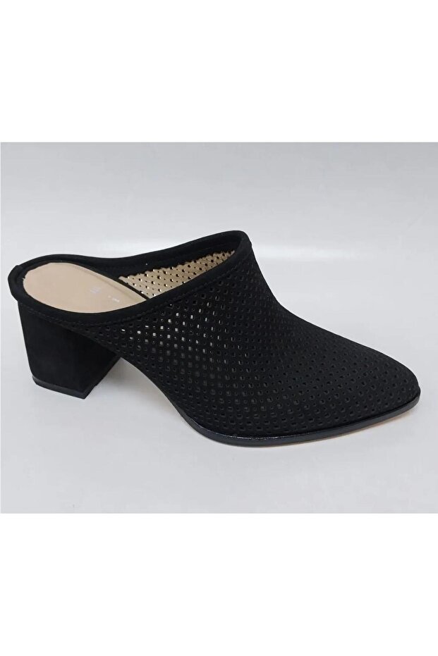 N338 Women's Genuine Leather Closed Toe Heeled Slippers