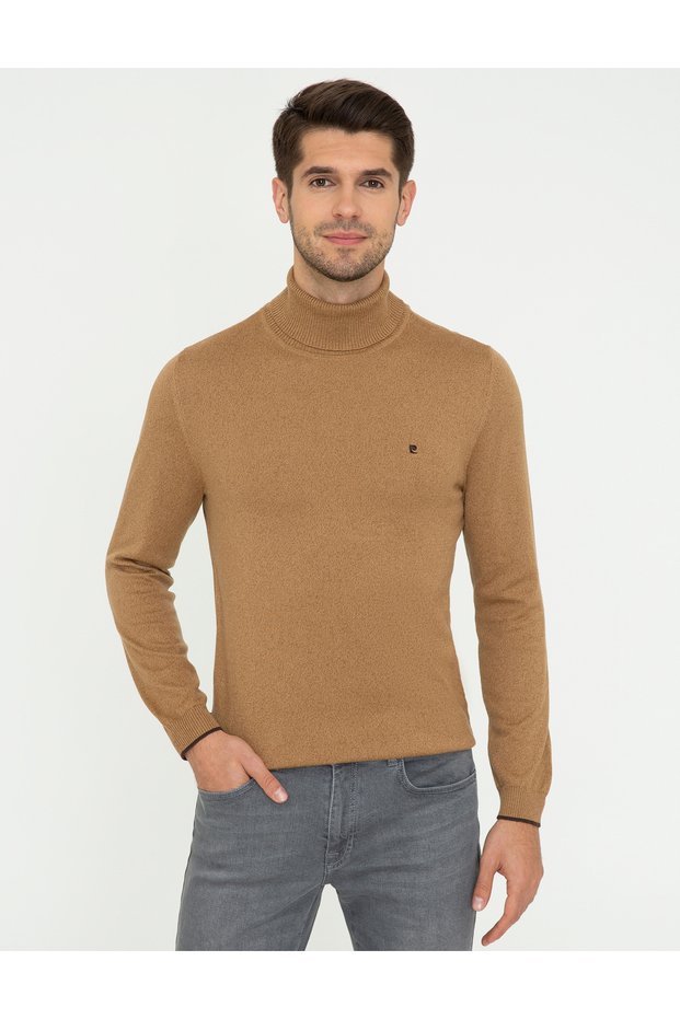 Camel Melange Slim Fit Turtleneck Basic Knitwear Sweater 50248583-Vr122