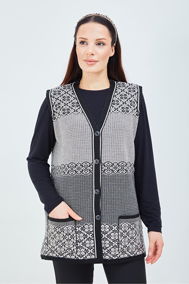 Women's Black and White Patterned Knitwear Buttoned Pocket Winter Mother Vest