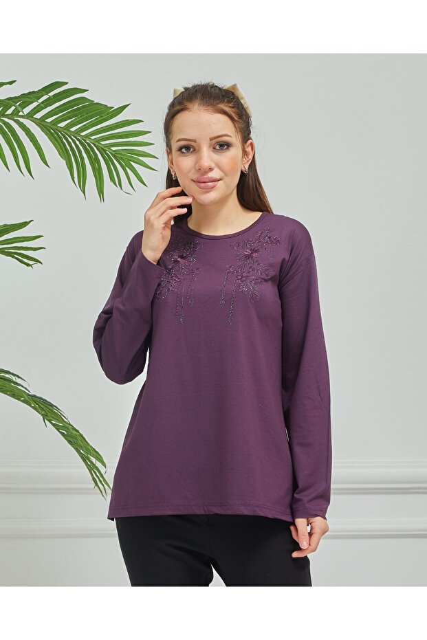 Women's Purple Embroidered Casual Middle Age Mother Combed Cotton Blouse