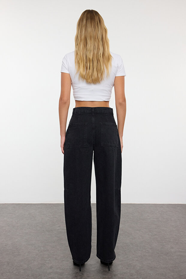 Siyah More Sustainable Dikiş Detaylı Düşük Bel Loose Baggy %100 Pamuk Jeans TWOAW25JE00328 - 6