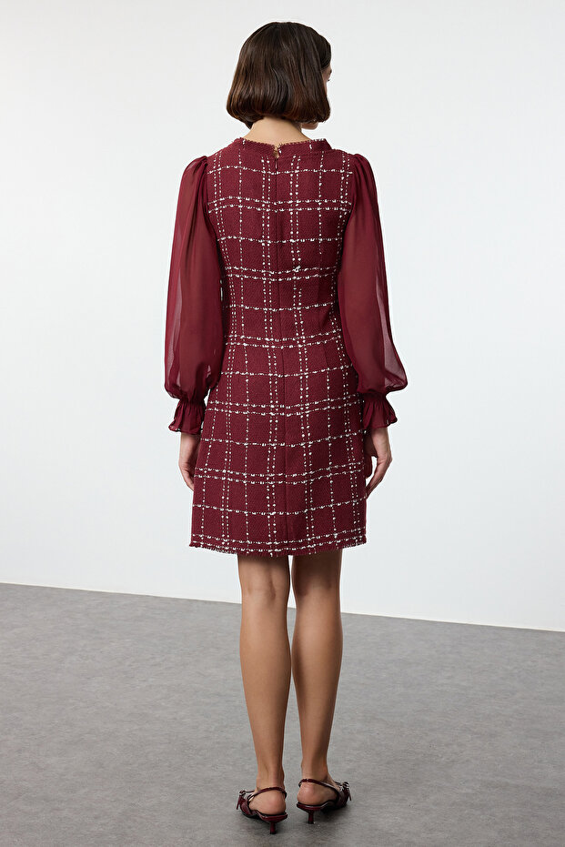 Bordo Ekose / Kareli Mini Dokuma Elbise TWOAW21EL0532 - 5
