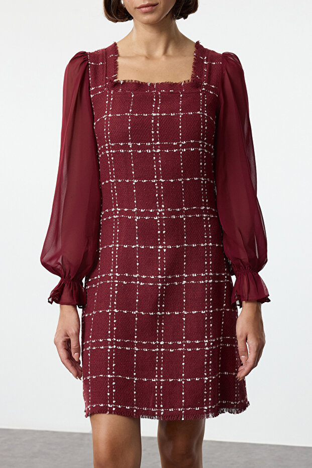 Bordo Ekose / Kareli Mini Dokuma Elbise TWOAW21EL0532 - 4