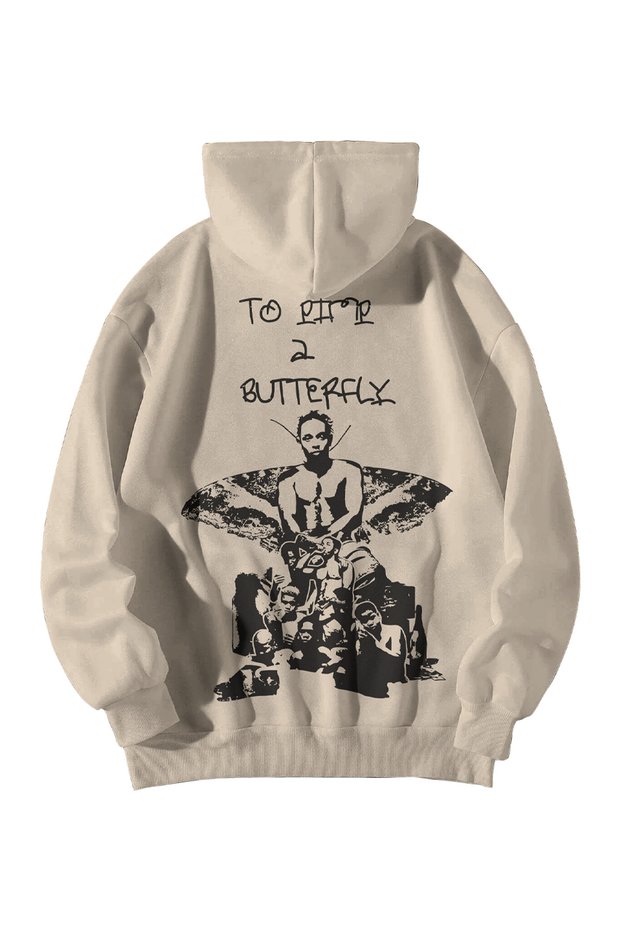 Unisex Beige Kendrick Lamar to a Butterfly Printed Oversize Hooded Kangaroo Pocket Hoodie
