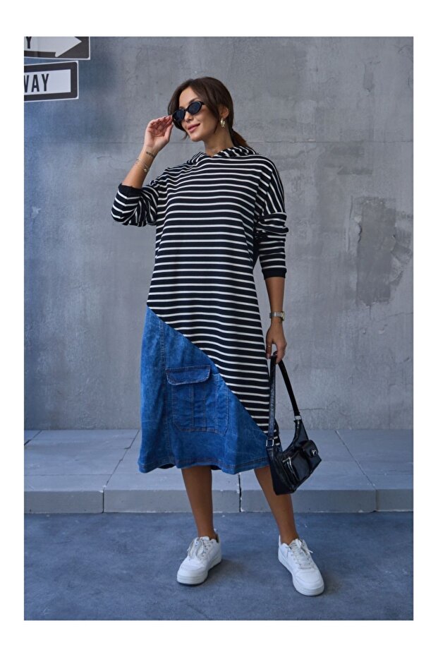 Striped Jean Detail Sweat Dress
