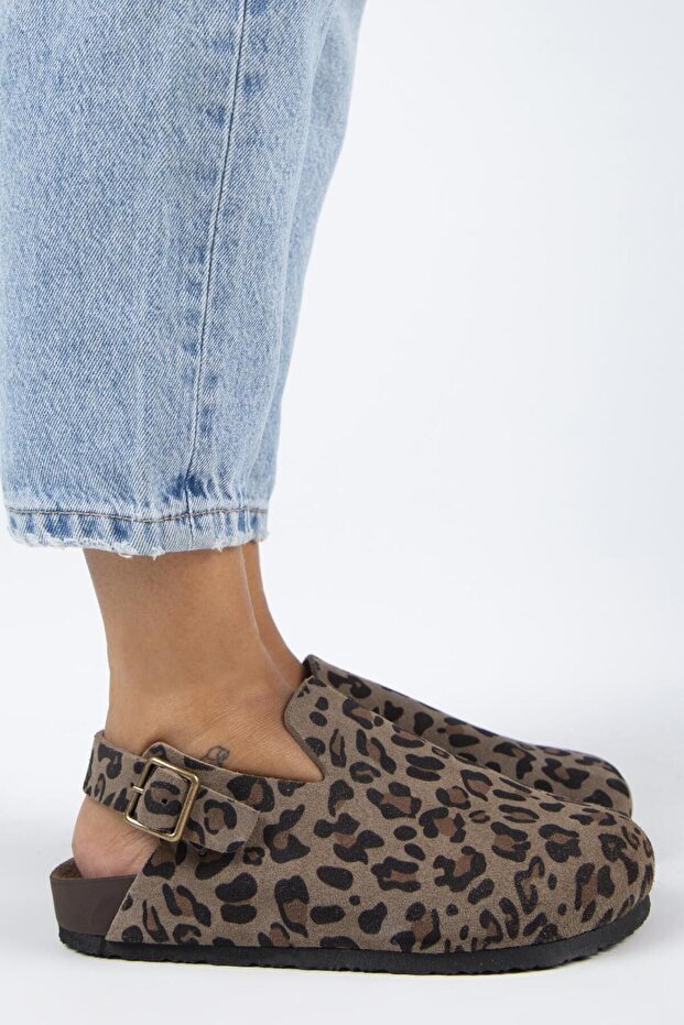 Holly 2 Leopard Women's Leather Genuine Leather Belted Buckle Sabo Mink Sandals