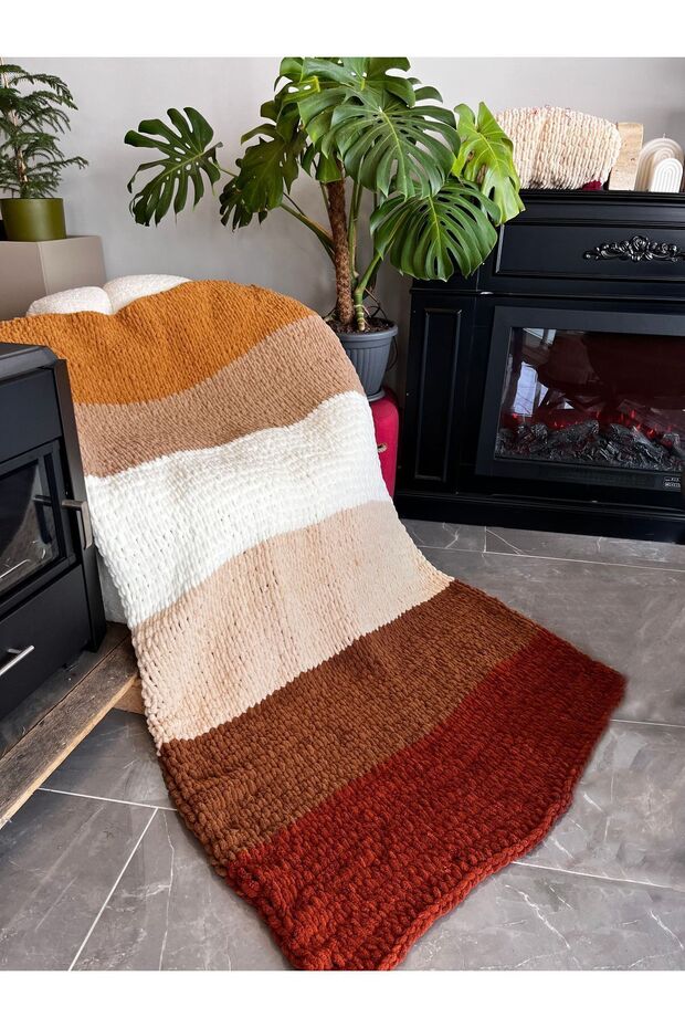 Hand Knitted Puffy Fireplace and TV Blanket Plain Knitted Boho Multicolor
