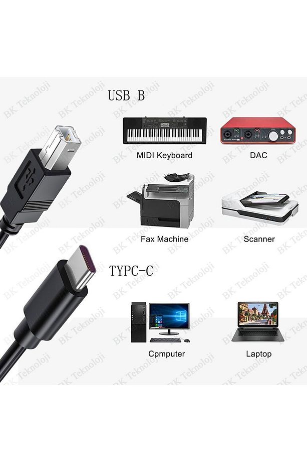 Type-C to USB-B Yazıcı-Midi Kablosu 1.5 Metre - 2