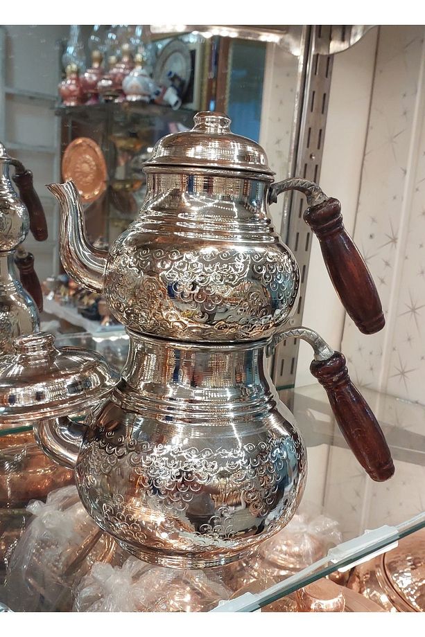 Bakır Çaydanlık 2 No El Dövmesi Gümüş Renk Aile Boy Bakır Demlik - 3
