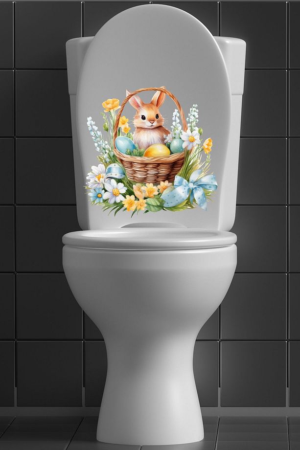 Sepetteki Minik Tavşan ve Kır Çiçekleri Temalı Klozet Sticker Banyo Sticker - 8