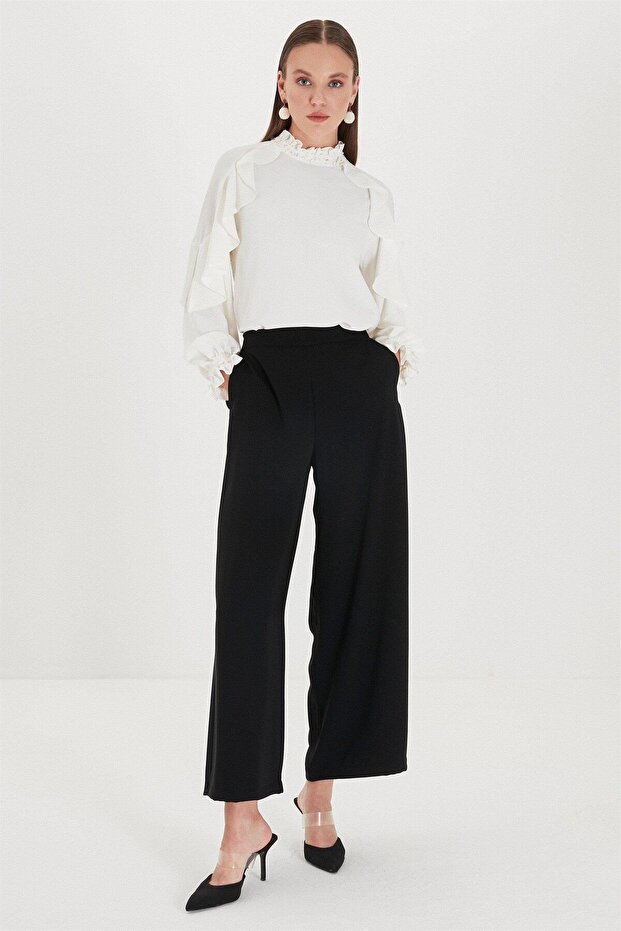 Wide Leg Black Fabric Trousers 0013