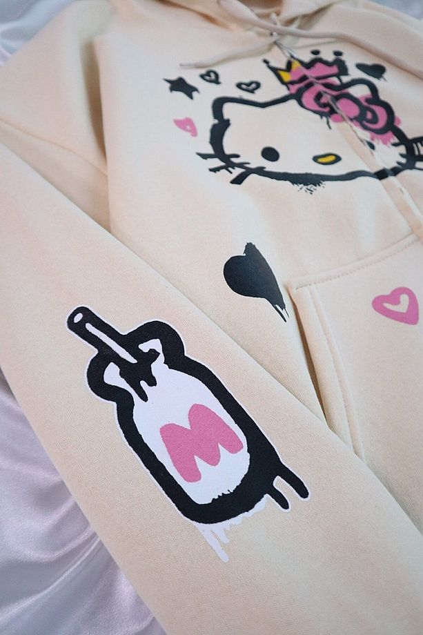 Hello Kitty Kışlık Hırka - Bej  Baskılı Oversize Şardonlu Kapüşonlu - 4