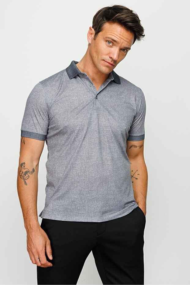 Men's Polo Neck Linen Printed T-shirt Black