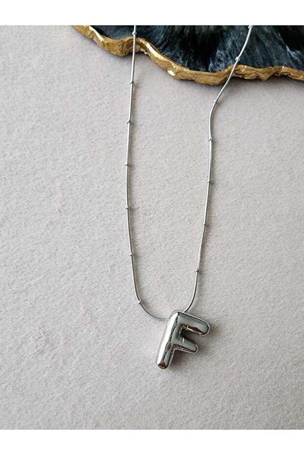 Stainless Steel Silver Curved Balloon Letter F Necklace