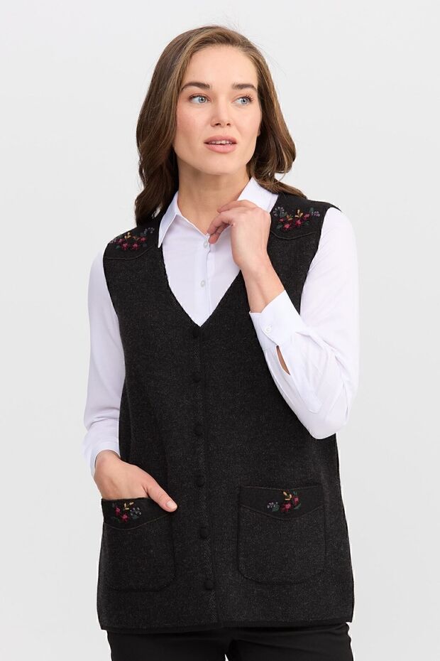 Women's V-Neck Shoulder Pocket Cover Felt Embroidered Button Vest 02422114 Black