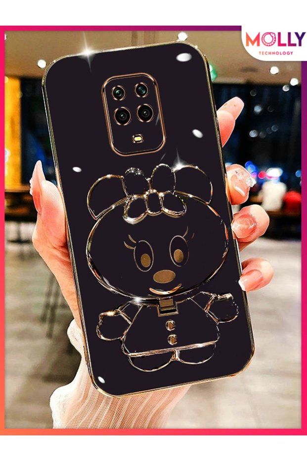 Luxury Silicone Case for Xiaomi Redmi Note 9 Pro with Deep Purple Minnie Stand and Gold Detail on the Edges